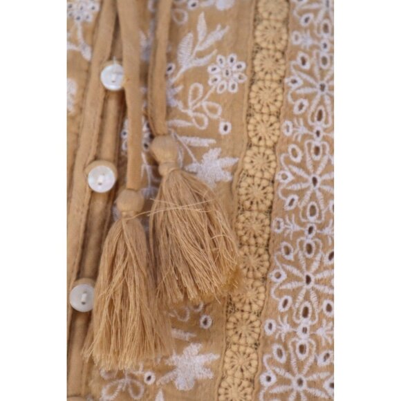 American Eagle Embroidered Mustard Yellow Peasant Blouse With Tassel Tie‎ Neck S - Picture 4 of 12